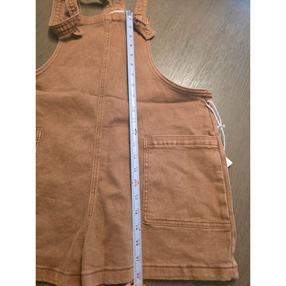 Zenana Washed Knot Strap Brown Cotton Blend Romper Shortalls M NEW Patch Pockets - Picture 6 of 9